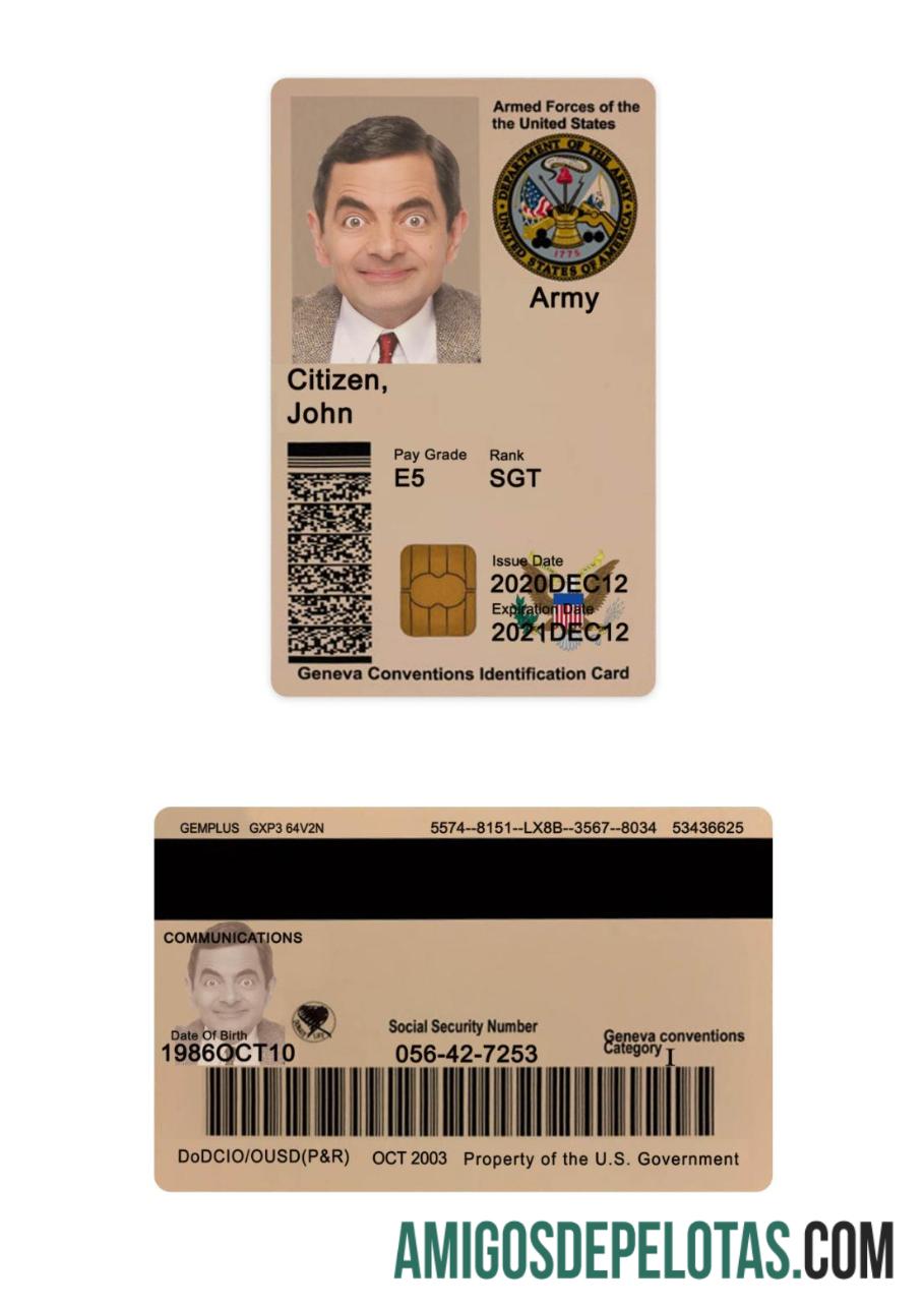 Carteira de identidade militar dos EUA modelo